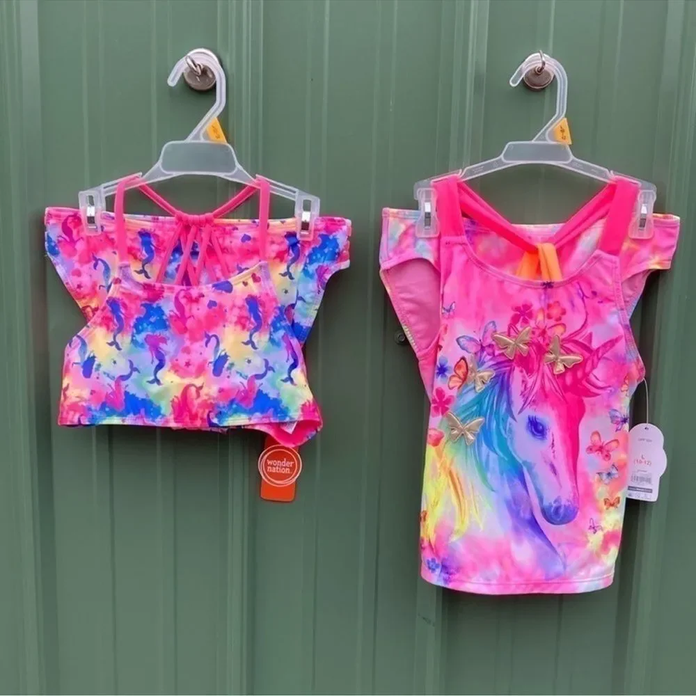 Girls Mermaid Bikini & Unicorn Tankini Swimsuit Bathing Suit 2-Pack Size XL